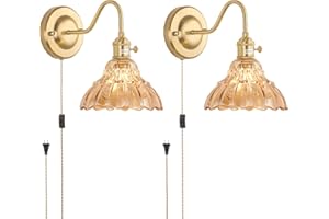Shenmoyl Plug in Wall Sconce Set of 2, Gold Vintage Wall Decor Lights with Amber Lily Glass Shade, Indoor Brass Corded Wall Lamp Fixture for Bedroom Living Room Bathroom Hallway