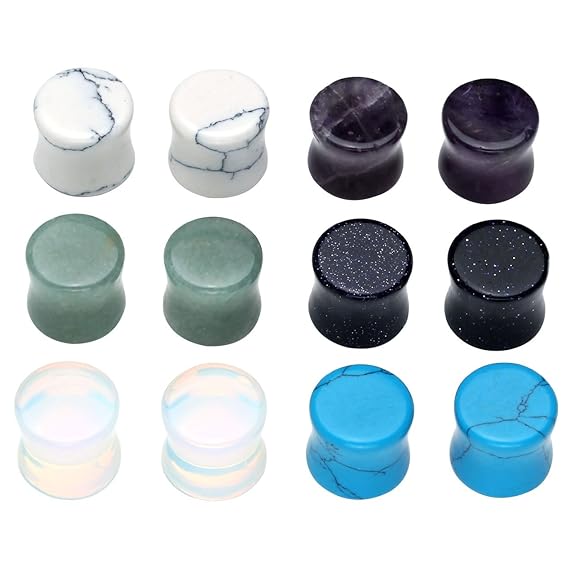 Jovivi 12 Tunnelohrringe / Ohr-Plugs, 2G / 14,2 mm, mit Bio-Halbedelsteinen (Amethyst, Aventurin, Türkis), doppelt ausgestell