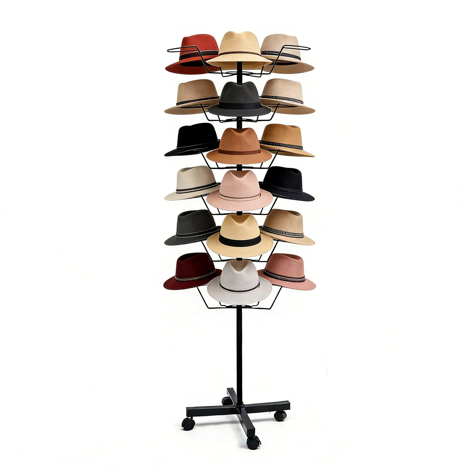 Photo 1 of ***FOR PARTS ONLY MISSING ASSEMBLY PIECES*** yoyous 6-Tier Hats Display, 30 Hooks Rotating Hat Rack Stand with Lockable Wheels, Adjustable Commercial Retail Hats Organizer for Ball Cap, Straw Hat, Beret, Wig, Black
