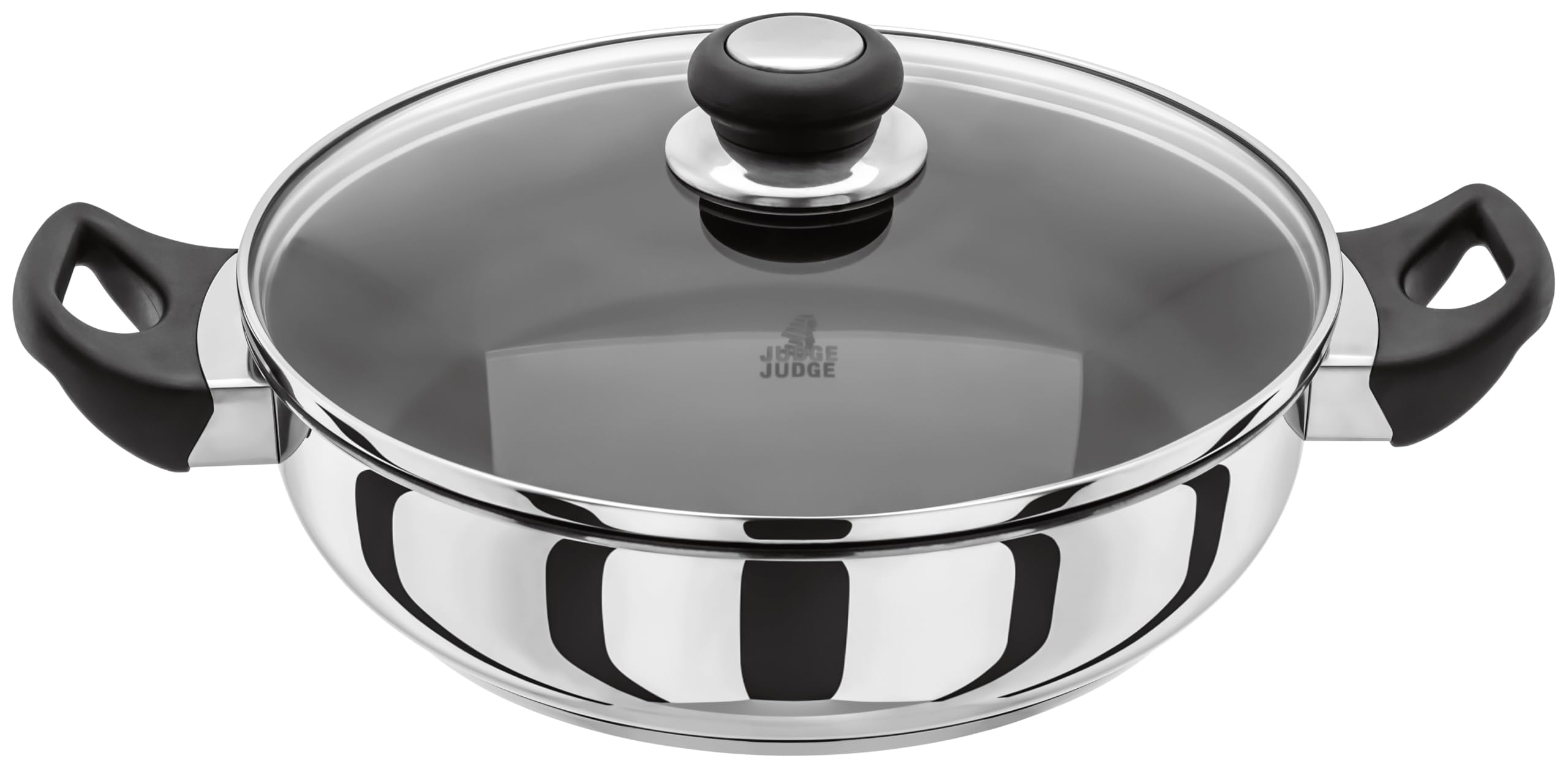 Judge Vista Stainless Steel Non-Stick Large Shallow Casserole 28cm, Frying Pan with Shatterproof Glass Lid, Induction Ready, Oven Safe