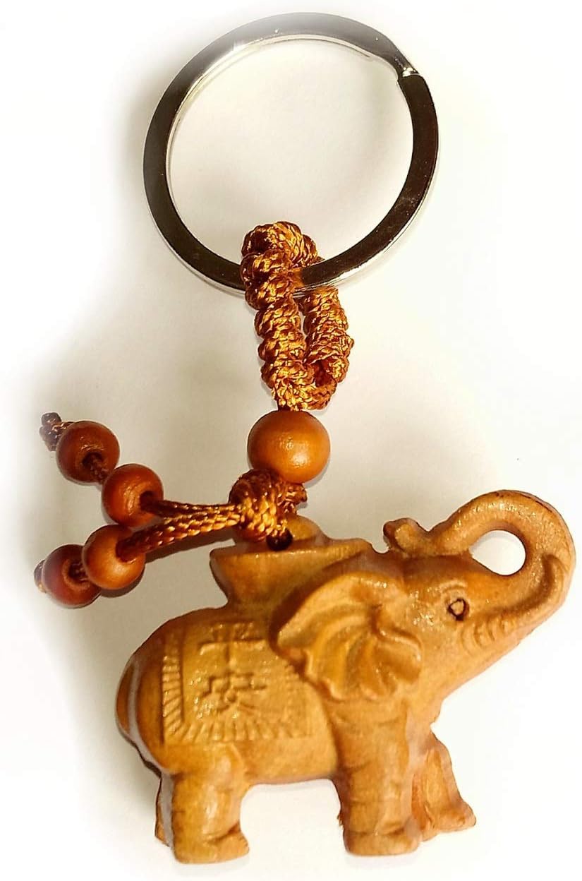 Eastern Designs ELEPHANT KEY RING FOB LUCKY (WITH TRUNK UP) INDIAN ELEPHANT WOOD KEYRING IN