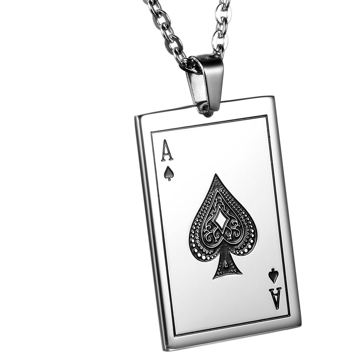 JewelryWe Stainless Steel Ace of Spades Card Poker Pendant Mens Womens Necklace 22 inch Chain