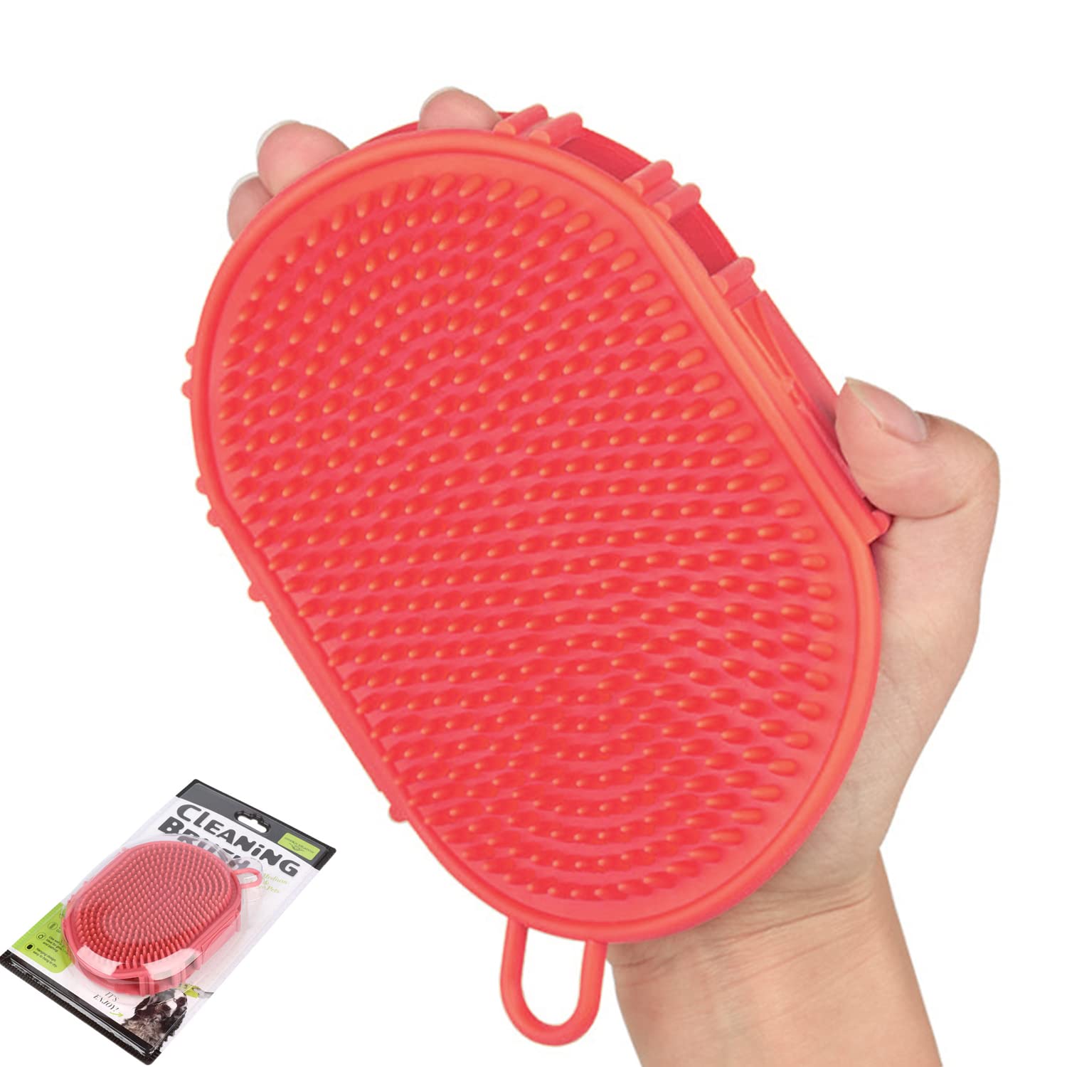YUDOTE Pet Grooming Shampoo Brush,Soothing Massage Rubber Bristles Curry Comb,Bath Gloves for Dogs and Cats Easy Washing,Red