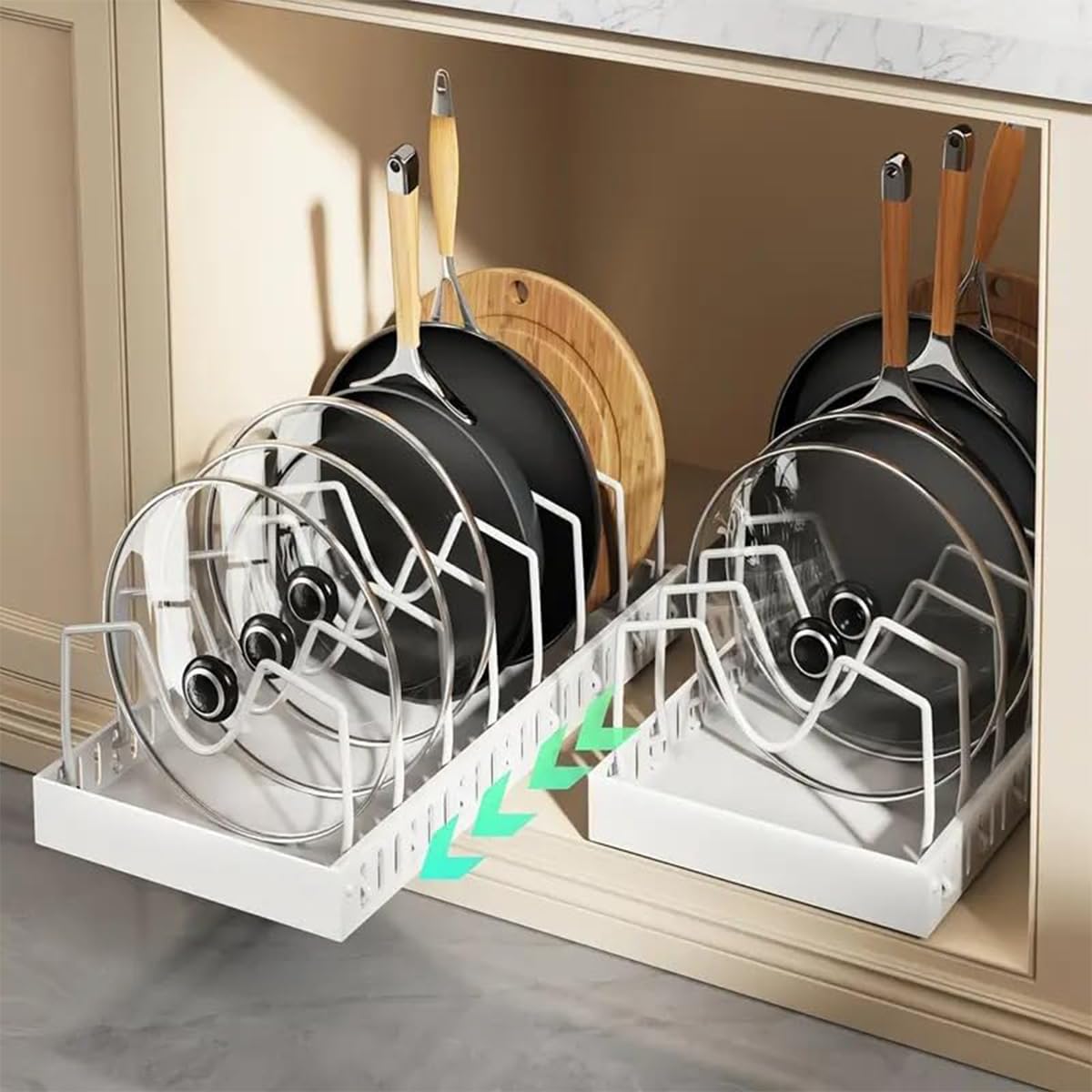 Photo 1 of 2 Pack Pull Out Pots and Pans Organizer Rack for Cabinet and Countertop, Pull Out Cabinet Organizer with 8 Adjustable Dividers, Kitchen Storage for Pot Lid, Dishes, Bakeware, Pots and Pans, White