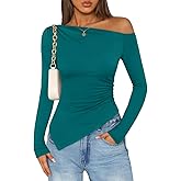 ZESICA Women's Off The Shoulder Tops 2026 Long Sleeve Y2K Asymmetrical Ruched Fitted Shirts Spring Trendy Going Out Top