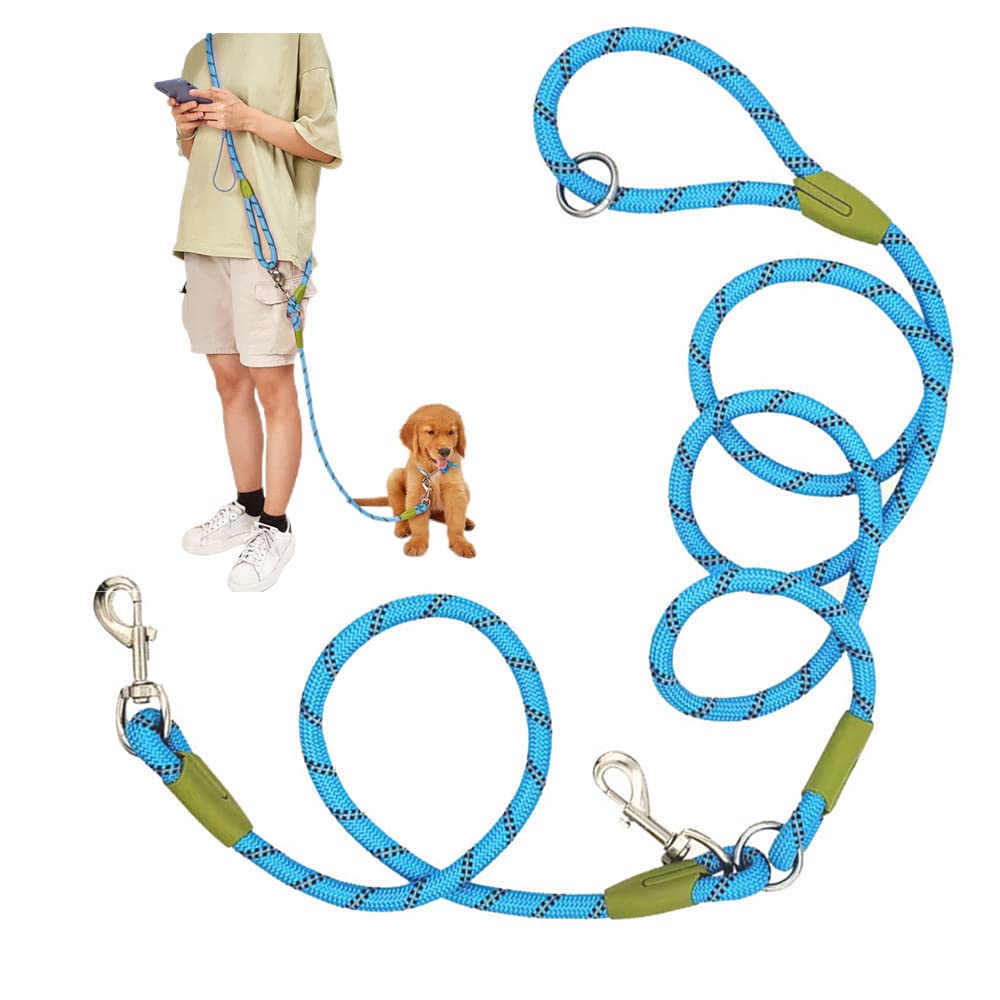 Hands dog Leash for Running Walking Training, Crossbody Double dog Lead Rope, 1.2cm Thick Nylon Reflective Heavy Duty Dog Leash Belt for Small Medium Large Dogs (Blue)