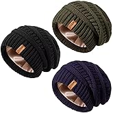 3 Pack Satin Lined Beanie for Women, Warm Slouchy Winter Hats with Silk Lined, Fashionable Oversized Cable Knit Hat Skull Cap