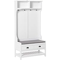 HOMCOM Hall Tree with Bench and Shoe Storage, 5-In-1 Entryway Bench and Coat Rack with 4 Hooks, 2 Drawers, 2 Storage Shelves,