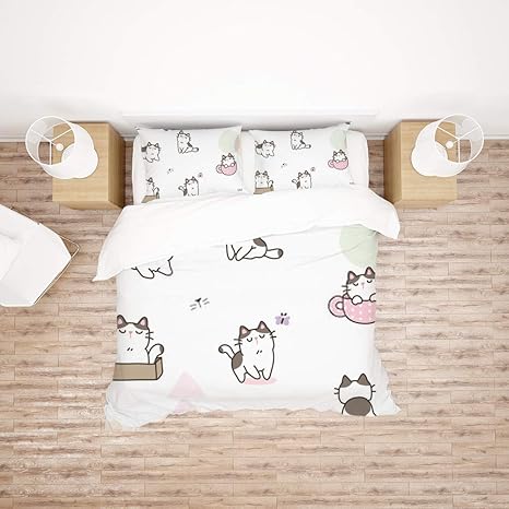 Amazon Zhongji ダウン布団カバー しわ防止 アレルギー防止 寝具セットシングル シンプルな北欧 白い背景のかわいい猫 枕カバー2枚入り 掛け布団カバー1枚入り 寝具カバーセット オンライン通販