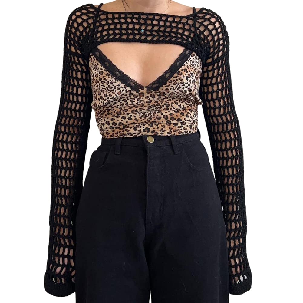 Photo 1 of KEOMUD Women Mesh Crochet Crop Top Long Sleeve Hollow Out Cropped Knit Sweater Bikini Beach See Through Cover Ups 02Black Small