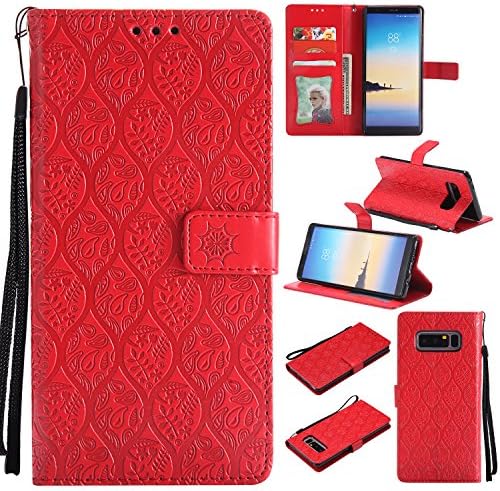 Mooness Galaxy Note 8 Wallet Case Embossing Fashion Floral PU Leather Case,Magnetic Flip Kickstand Cover Card Holders & Hand Strap for Samsung Galaxy Note 8(T-Red)