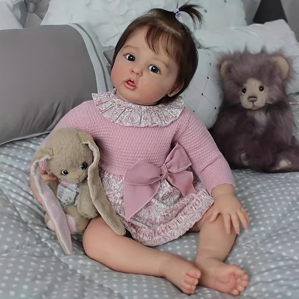 DOYSDJH 22 Inches Realistic Baby Doll In Pink Lace Dress With Plush Bunny, 55cm Reborn Baby Dolls Realistic Girl Collectible Toy Figure Reborn Dolls With Accessories