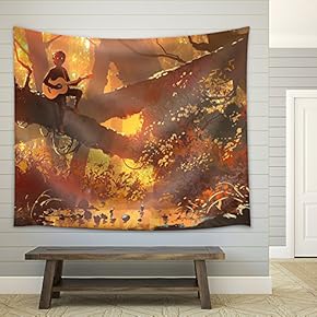 Illustration - Young Man with Guitar Sitting on The Tree in Autumn Forest, Illustration Painting - Fabric Wall Tapestry Home Decor - 51x60 inches