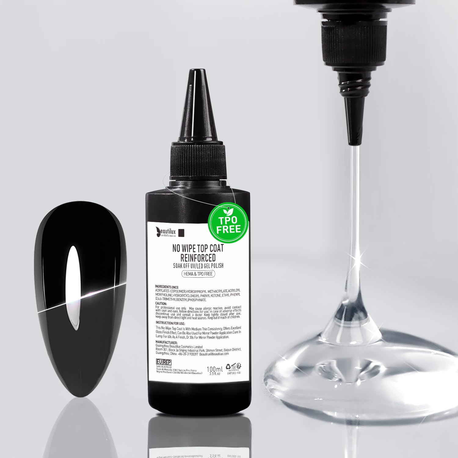 Beautilux No Wipe Gel Top Coat, 100ml Gel Top Coat Uv Easy to Apply, Long Lasting Nail Art Clear Top Glossy Shine Gel Soak Off Uv for Professional Salon and Home Use