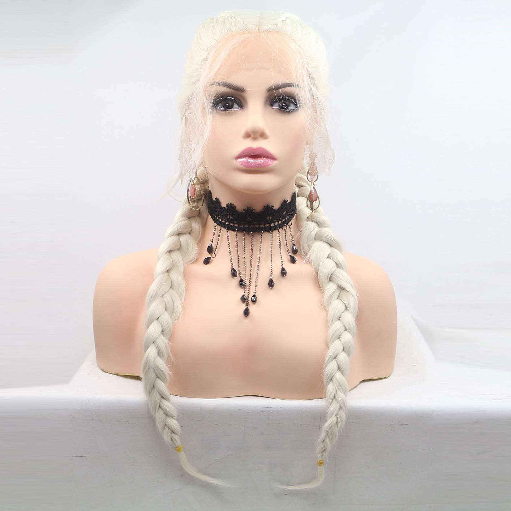 xiweiya Braided Wig Blonde White Double Braids Synthetic Lace Front Wig with Baby Hair Platinum white Heat Resistant Fiber Middle Part for Women Cosplay Makeup 24 Inches โ image 1