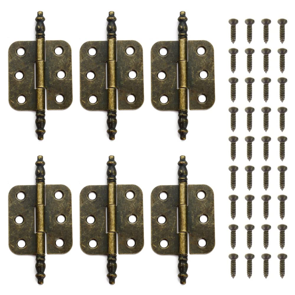 6 Set Antique Bronze Mini Hinges Crown Head Antique Decorative Hinge Bronze Mini Hinges for Vintage Wooden Box Cabinet Door Drawer Cupboard