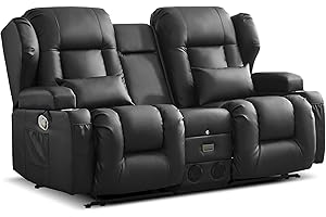 DRMBOOK Loveseat Rocker Recliner Sofa, Faux Leather Double Reclining Couches with Console, Manual Reclinable Dual Recliner Chair, RV Movie Theater Seating with USB/Bluetooth Speaker (PU Black)