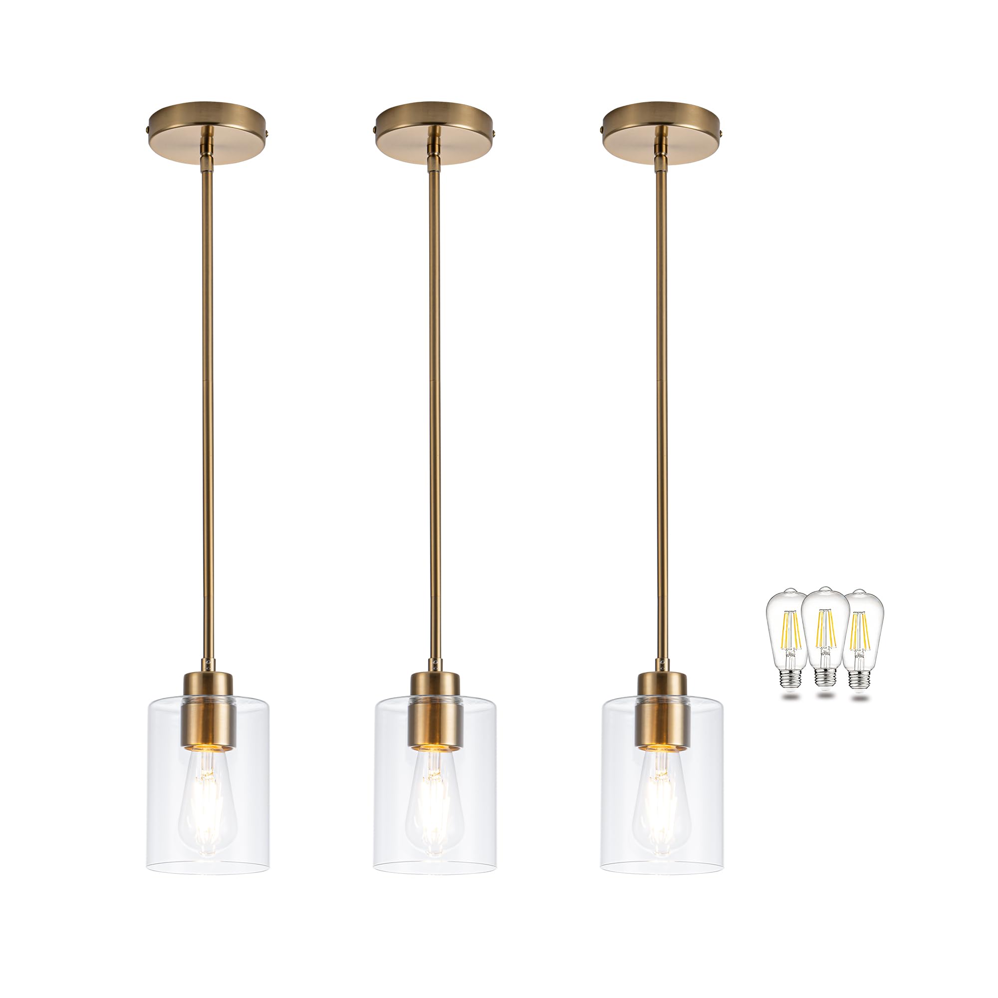 Photo 1 of MAYNA 3-Pack Brushed Brass Dining Room Light Fixtures, Modern Gold Pendant Lighting Over Island, Adjustable Rods Glass Chandelier for Kitchen Table (Bulbs Included)