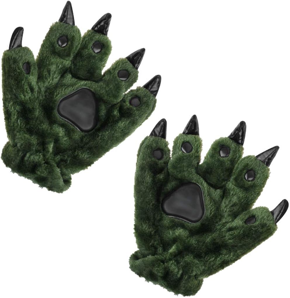 Ylucky Unisex Thick Animal Costume Dinasour Cat Paw Claw Wolf Gloves Winter Warm Plush Hand Gloves Cute Mittens Padded Hand Warmer for Halloween Cosplay Party Fancy Dress Green - Image 3