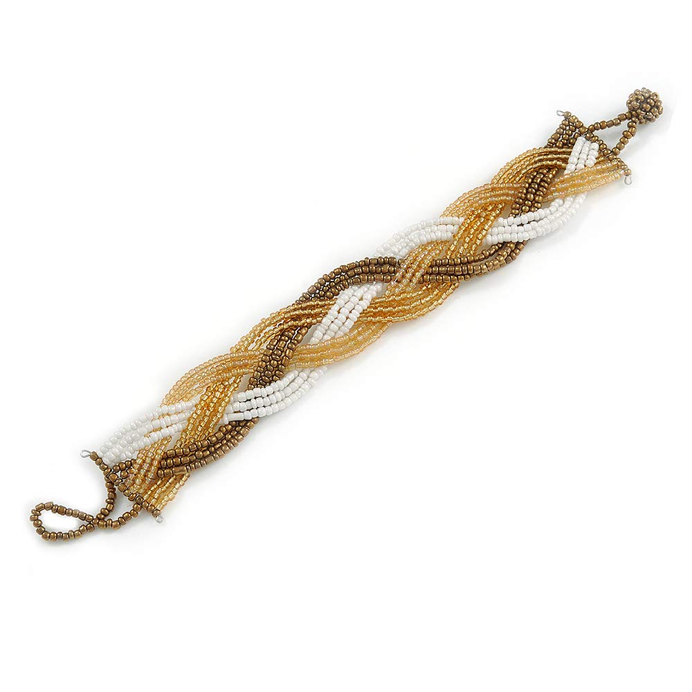 Avalaya White/Gold/Bronze Coloured Glass Bead Plaited Bracelet - 19cm L - Large