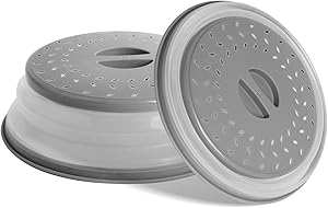 2-Piece Breathable Folding Lid Microwave Splash Guard, 10.5-inch Round Gray, BPA-Free Silicone and Plastic, Dishwasher Safe Microwave Cover with Easy Grip Handle