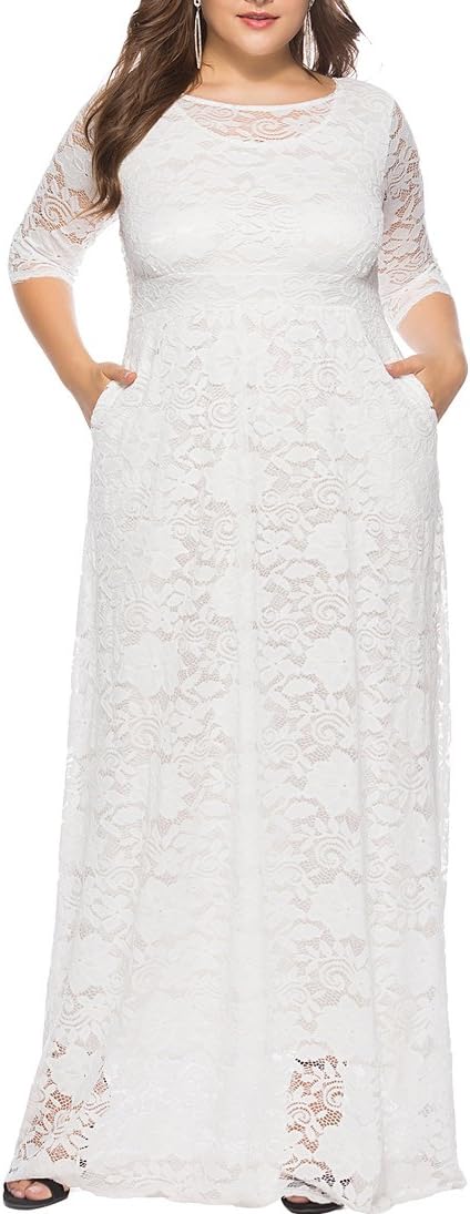 Eternatastic Women's Floral Lace 2/3 Sleeves Maxi Dress Plus Size Evening Party Dresses
