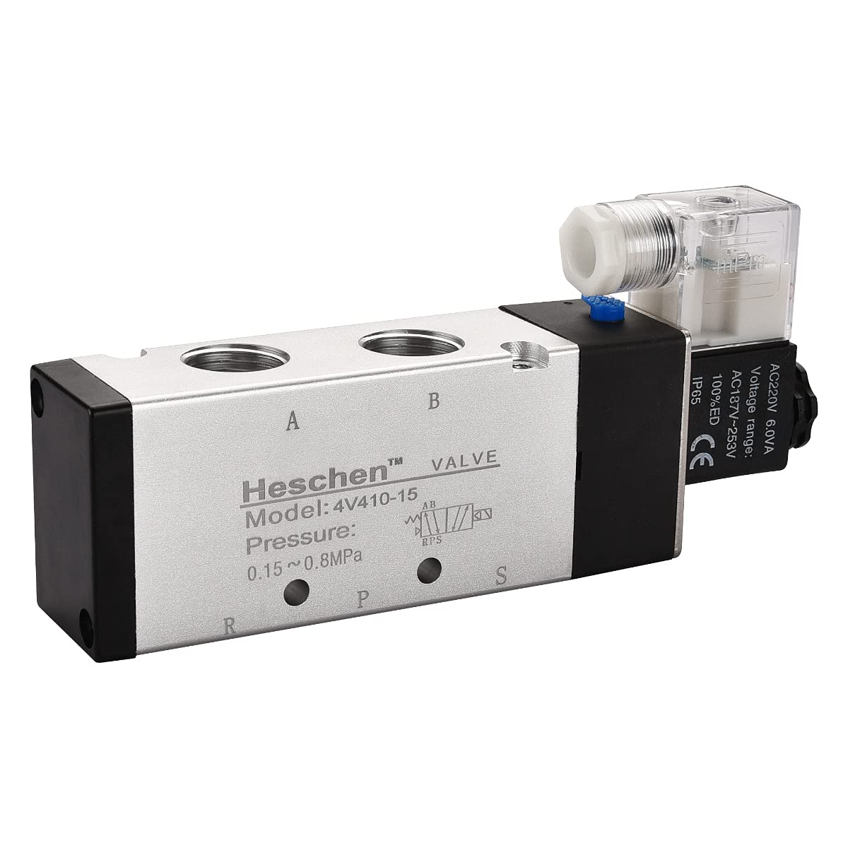 Heschen Electrical Pneumatic Solenoid Valve, 4V410-15, 220VAC 6.0VA, PT1/2'', 5 Way 2 Position, CE, IP65