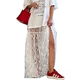 Perbai Women's Sexy Sheer Lace Skirt High Waisted Floral Embroidered Ruffled A Line Long Maxi Beach Skirts