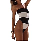 WDIRARA Women's One Piece Color Block Strapless Swimsuit High Cut Bandeau Bathing Suit