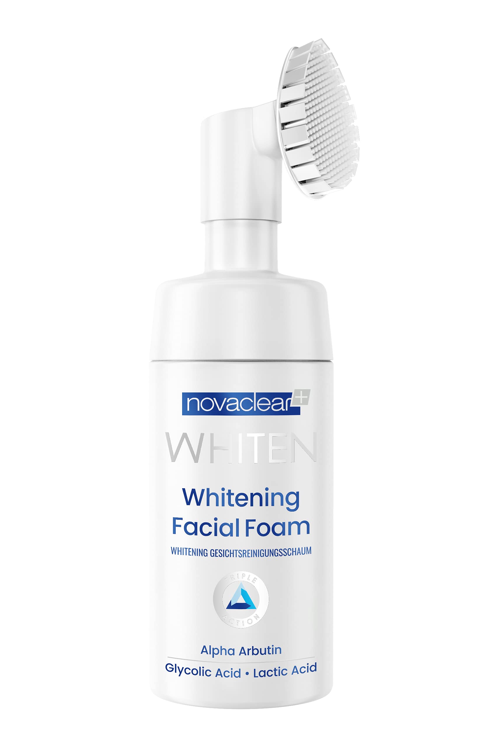 Novaclear Whitening Facial Foam – Silicon Brush Face Wash with Alpha Arbutin, Glycolic Acid & Lactic Acid – Deep Cleansing, Exfoliating & Brightening Foam for Dark Spots & Uneven Skin Tone 100 ML