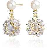Handmade Freshwater Cultured Button Pearl CZ Crystals Drop Earrings for Women, 14K Gold Plated