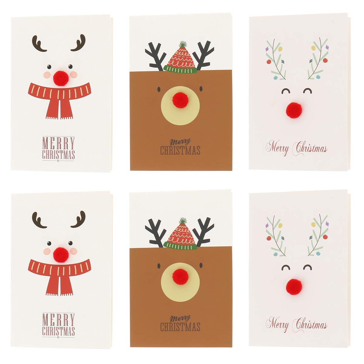SHIPITNOW Set of 6 x 3D Embossed Red Nose Christmas Greeting Cards without Envelope - Original Christmas Card Pack - Simple Modern Design Reindeer, Christmas Deer with Hat to Write a Word