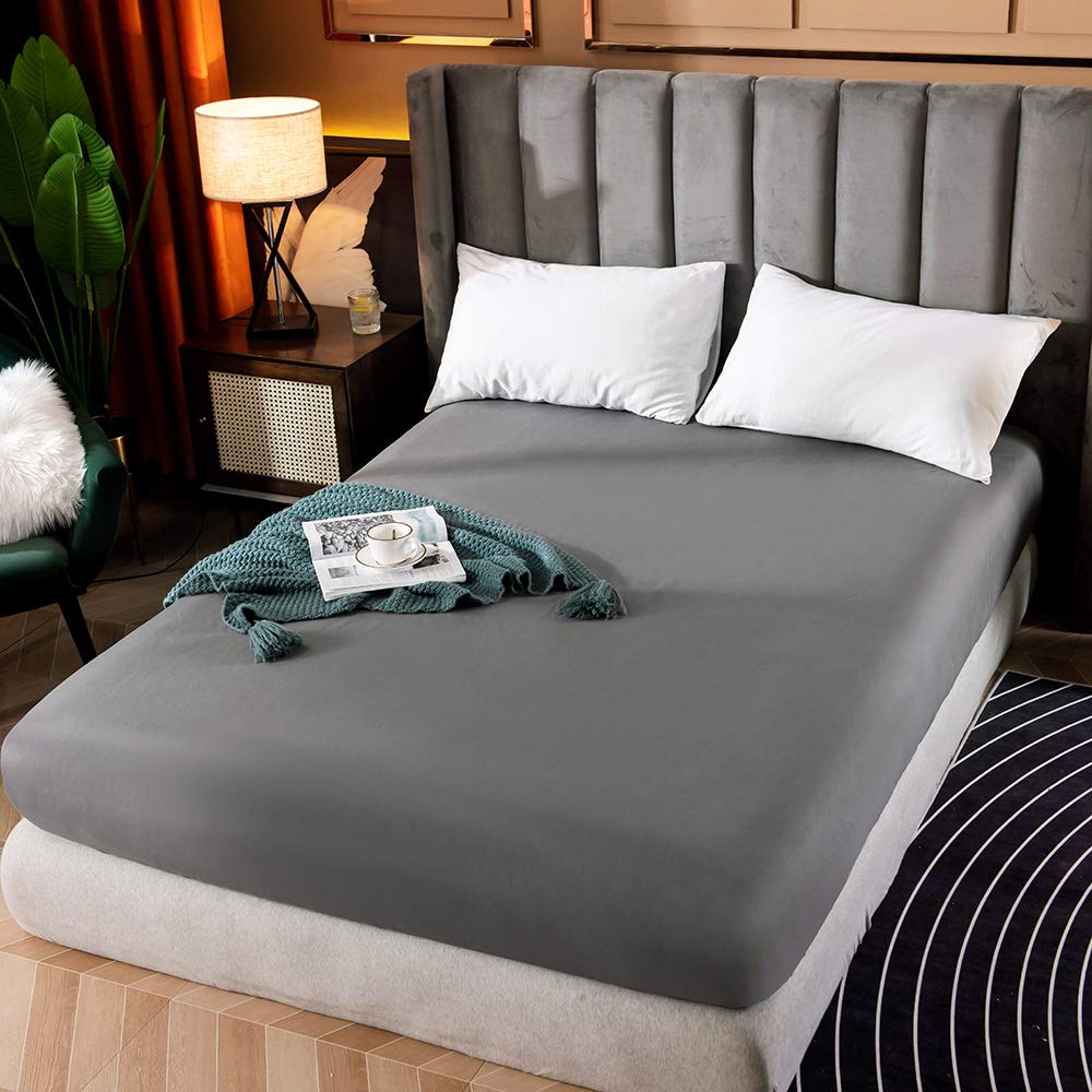 Fitted Bed Sheet only 【Charcoal】Mattress Cover TC600 Ultra Soft Touch Silk Like Satin Breathable Luxury Premium Quality Microfiber Wrinkle & Stain Resistant Mattress Sheet (Double 140x190+25cm)