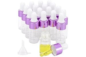 Newzoll 3ml Glass Eye Dropper Bottles, 18Pcs Clear Mini Sample Vials Refillable Leakproof Travel Bottles with Purple Cap & Fu