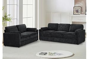 Lesofair Classic Chenille Sofa Set with 2 Extra Armrest Pillows, Loveseat and 3-Seat Sofa with Upholstered Seat & Backrests, 2 Pieces Sectional Couch with Thickened Cushions for Living Room, Black