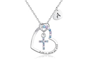 JOVDEY Cross Necklace for Girls | I am a child of God Necklace for Girls | Heart Letter initial | 18K White Gold Plated Pendant Jewelry First Communion Baptism Gifts Christmas Birthday Gifts for Girl Women