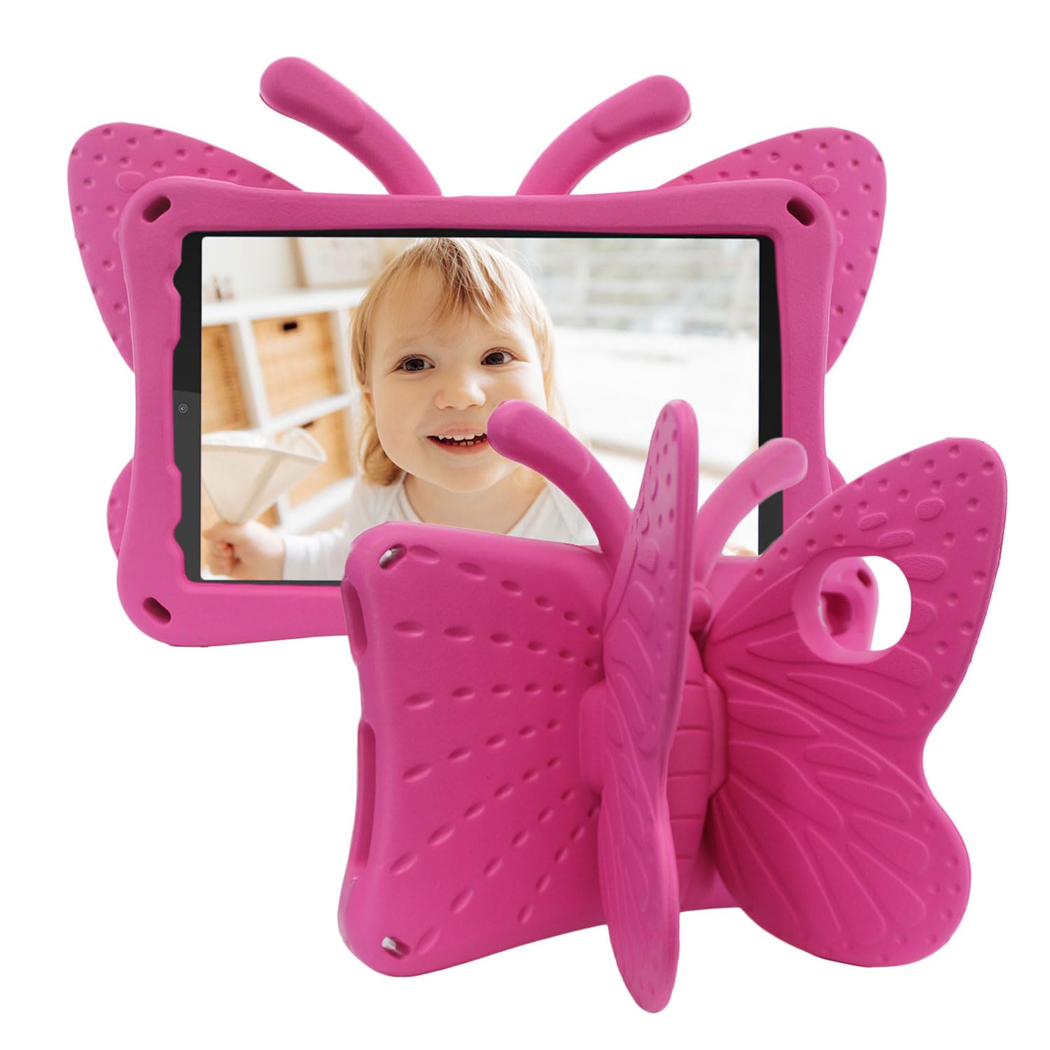Tading for Lenovo M8 4th Gen Tablet Case Kids, Cute Butterfly EVA Foam Protective Stand Cover for Lenovo Tab M8 HD TB-8505F/ 2nd Gen TB-8705F(FHD)/ 3rd Gen TB-8506F/ 4th Gen TB-300XU - Magenta