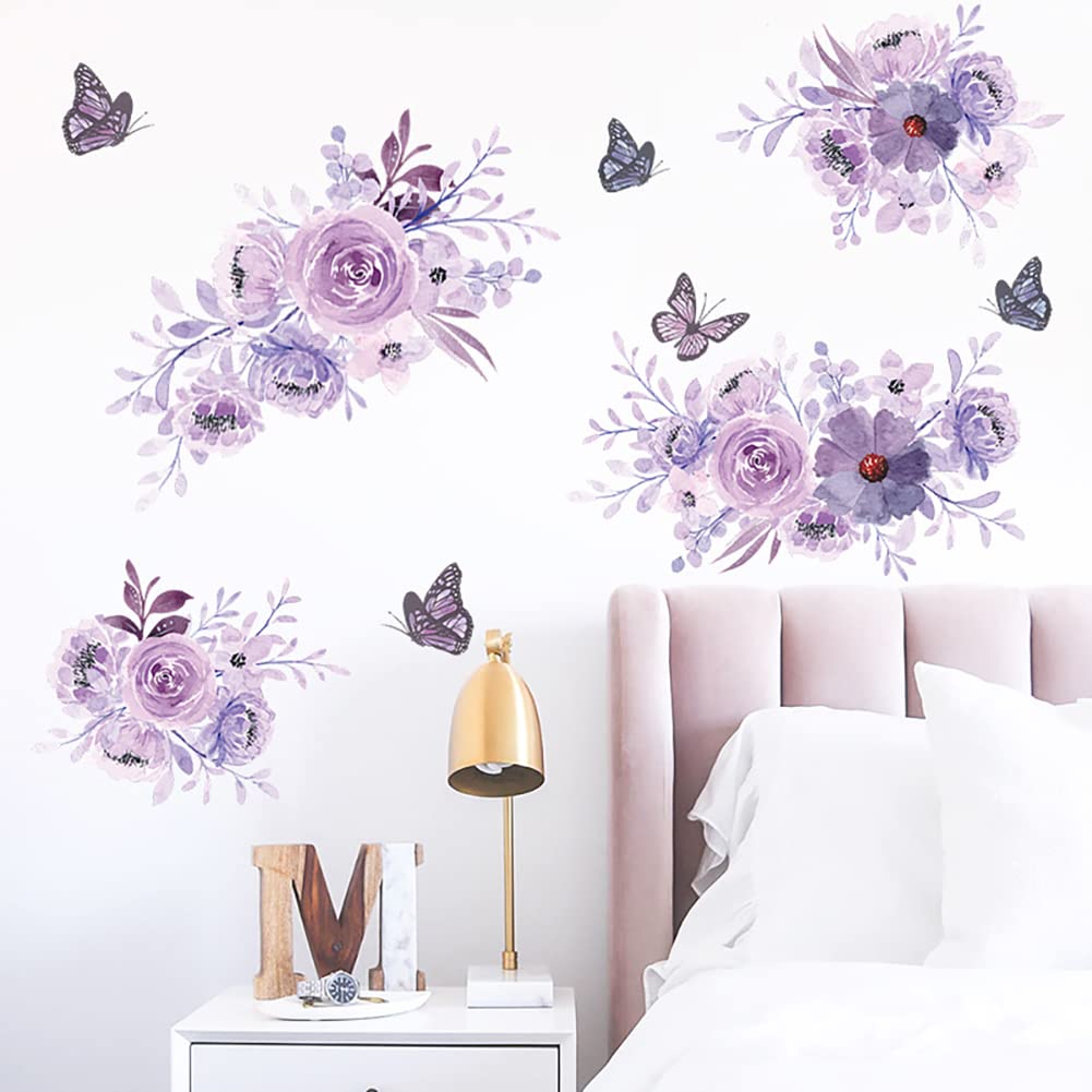 Runtoo Peony Flower Wall Decals Purple Floral Butterfly Wall Art Stickers for Girls Bedroom Living Room Bathroom Nursery Home Decor