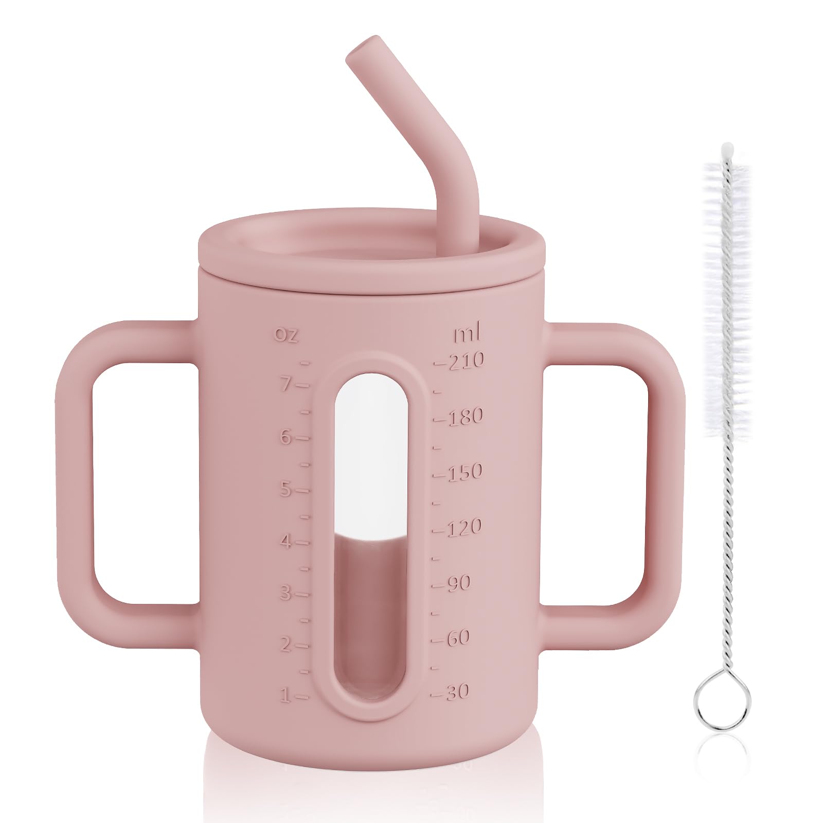 HOTUT Toddler Sippy Cup, Glass Mason Jars 8 oz with Silicone Sleeves & Silicone Straws with Stoppers, Toddler Glass Cups, Sippy Cup Ideal for Picnics, Camping and Kids' Smoothies - Pink