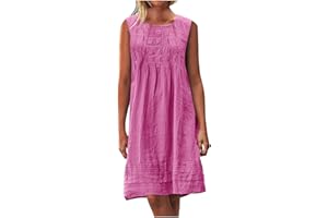 MXALUOB Women's Cotton Linen Midi Dress Plus Size Cap Sleeve Pleated Summer Dresses Vacation 2025 Crew Neck Casual Dress