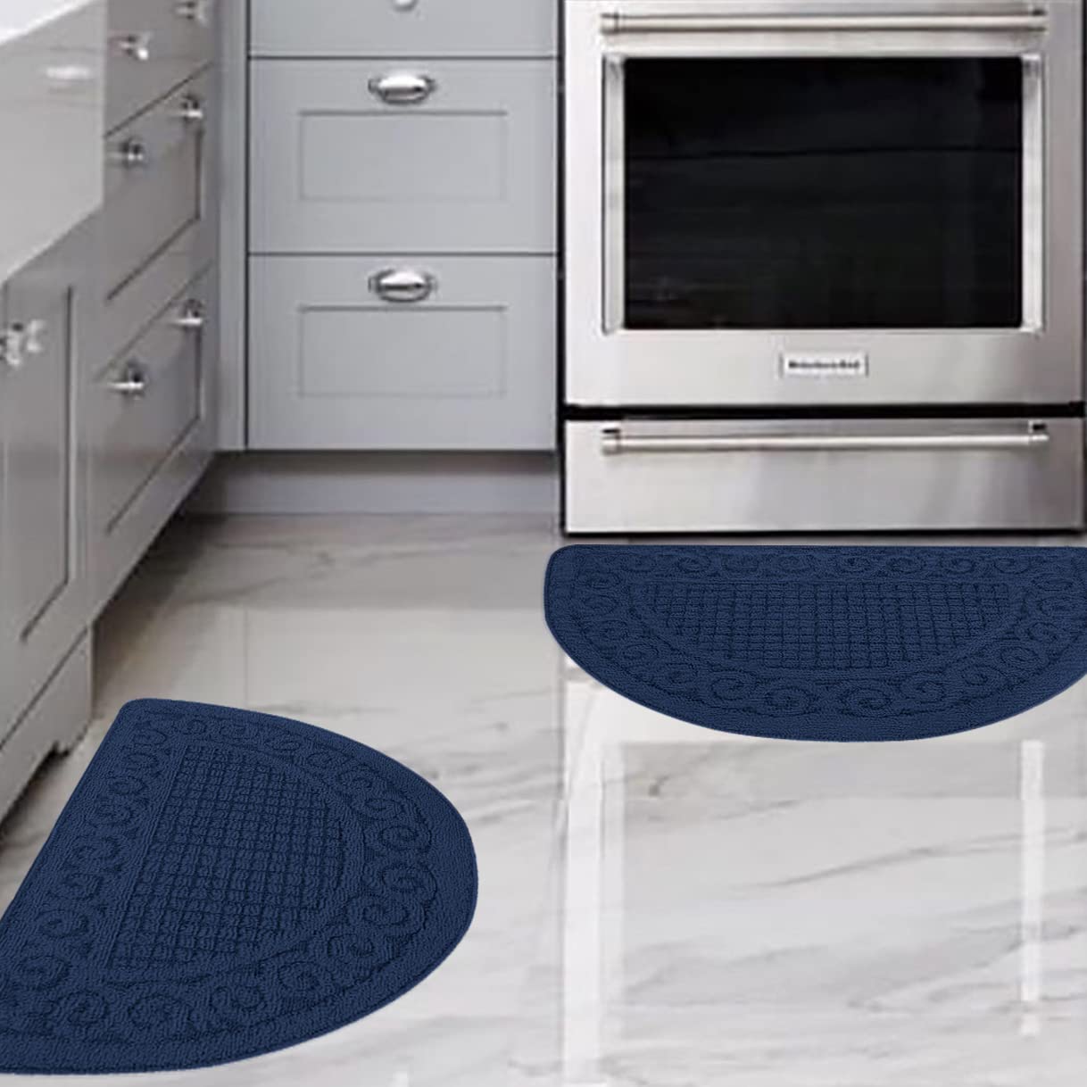 Photo 1 of Navy Kitchen Mats for Floor 2 Piece 18”X30”, Non Skid Washable Kitchen Rugs, Absorbent Standing Rug, Throw Rug,Half Circle Carpet for Sink,Laundry Room Area