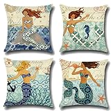 ULOVE LOVE YOURSELF Ocean Theme Throw Pillow Case Mediterranean Style Cotton Linen Mermaid Square Cushion Covers 18 X 18 Inch Nautical Pillow Covers,4 Pack Coastal Pillow Covers