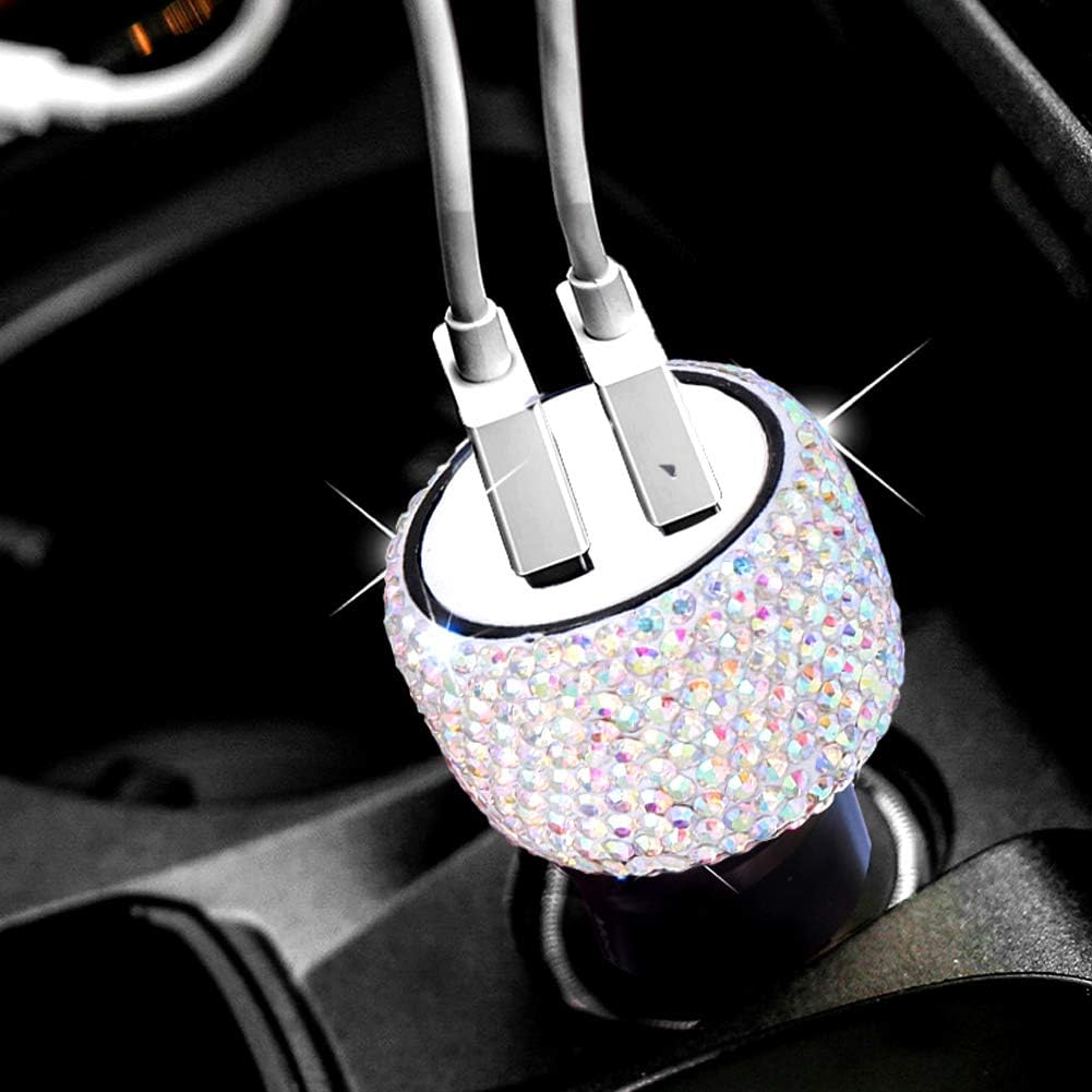 Dual USB Car Charger Bling Bling Handmade Rhinestones Crystal Car Decorations for Fast Charging Car Decors for iPhone, iPad Pro/Air 2/Mini, Samsung Galaxy Note9/8/S9/S9+,LG, Nexus, HTC, etc