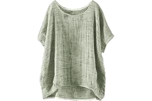 CAOQAO Linen Shirts for Women Summer 2025 Trendy Plus Size Crewneck Short Sleeve Cute Tops Casual Loose Fit Comfy Blouses