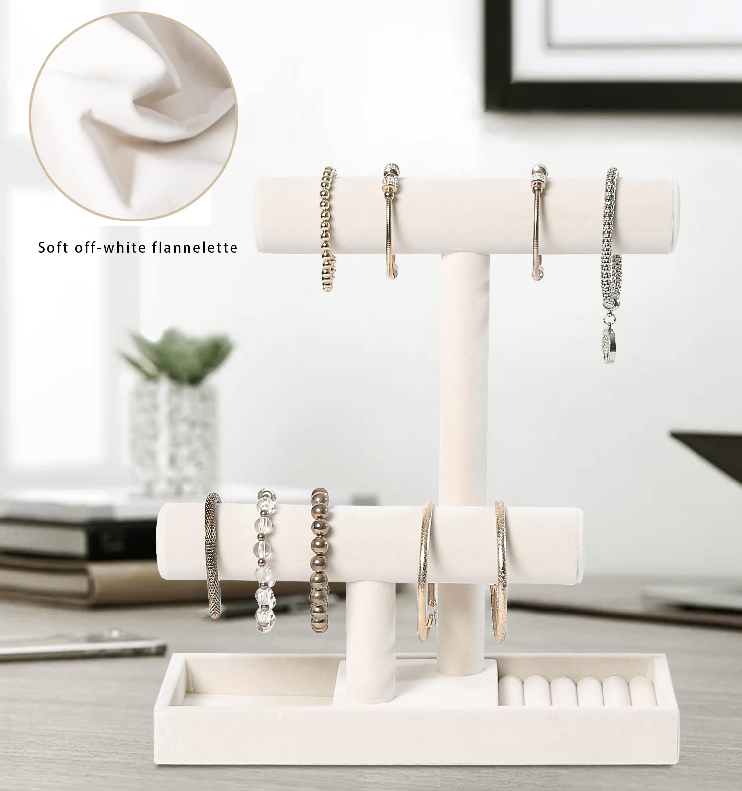ByKen Jewelry ByKen Multi-Functional 2 Tier Jewelry Holder,Necklace Bracelet Holder with Earrings Rings Tray,Jewelry Organizer Stand for Scrunchie Watches(Beige Velvet)