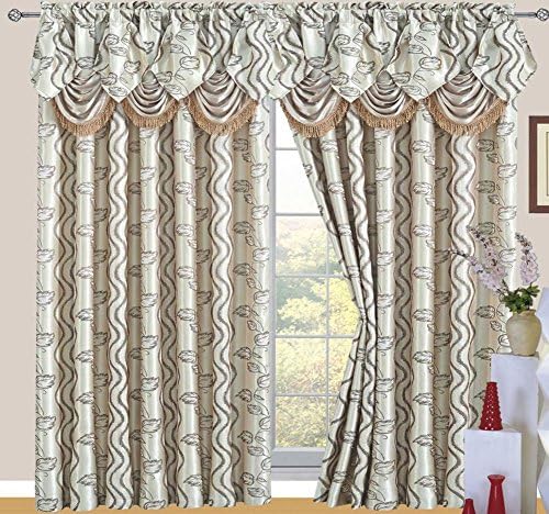 Raven Jacquard Rod Pocket Panel with Attached Valance and Backing, Beige-Brown, 55x84+18, 2-Pack