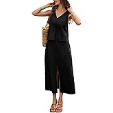 vinglam Women's Linen Skirt Sets 2 Piece Outfits V Neck Tank Top and Midi Slit Skirt with Pocket