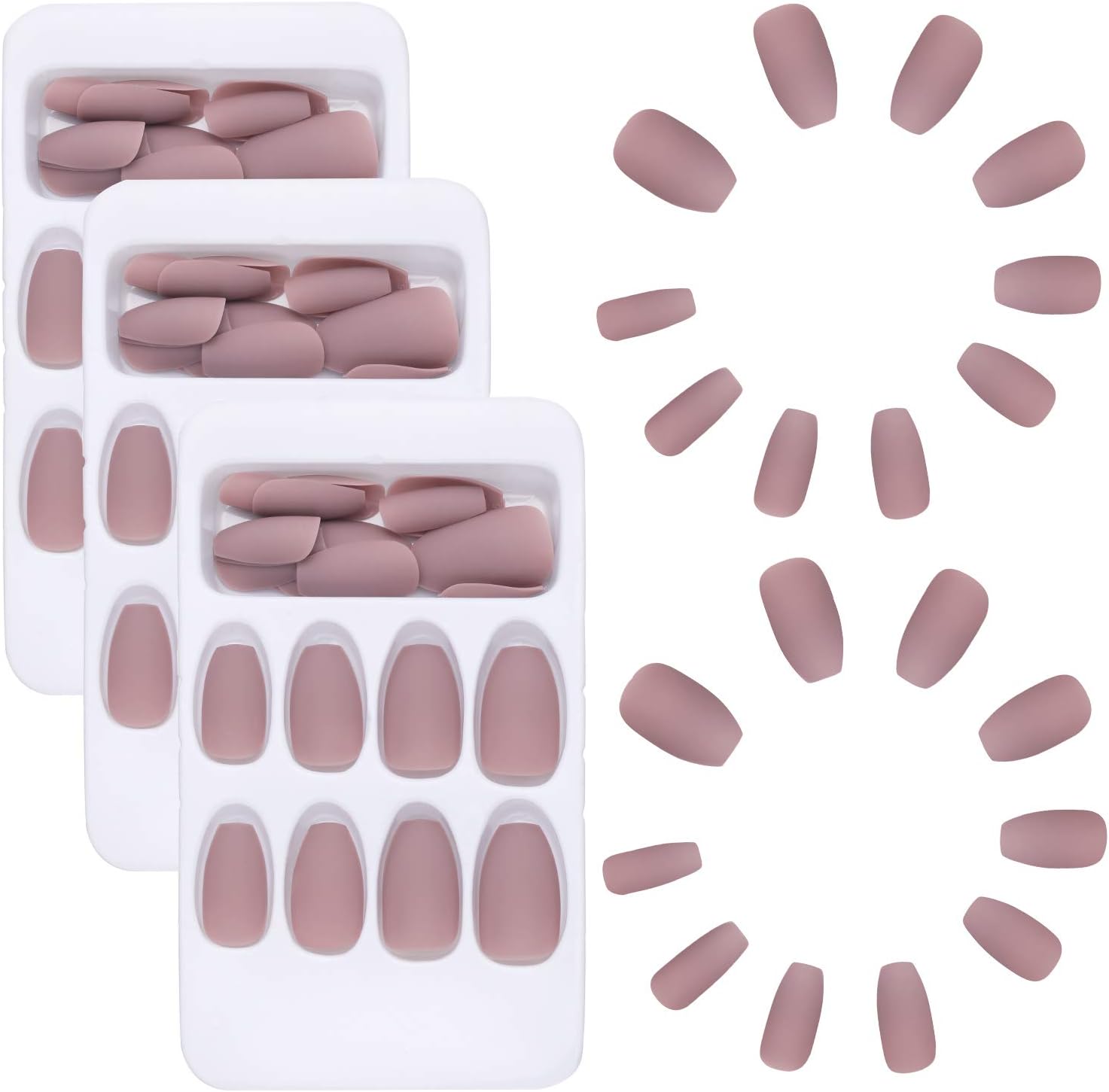 72 Pieces Nude Pink Matte False Nails Full Cover Coffin Fake Nails Tips with Nail Glue, Nail Files