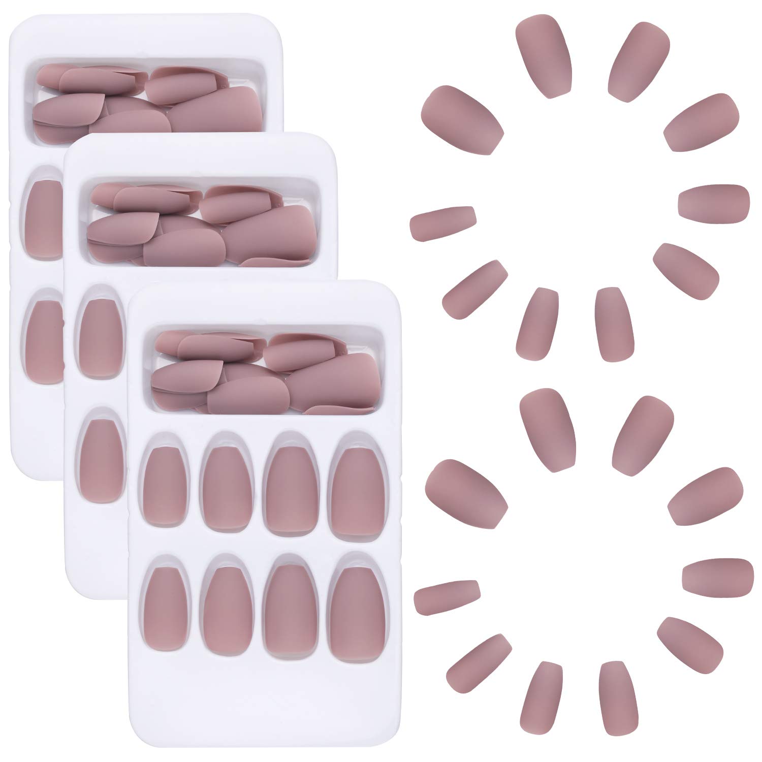 72 Pieces Nude Pink Matte False Nails Full Cover Coffin Fake Nails Tips with Nail Glue, Nail Files, Wooden Sticks for Women Girls DIY Nails Favors