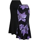 BEAUDRM Women's 2 Pack Fishtail Skirt Elegant Floral Ruched Skinny Bodycon Ruffle Long Skirts